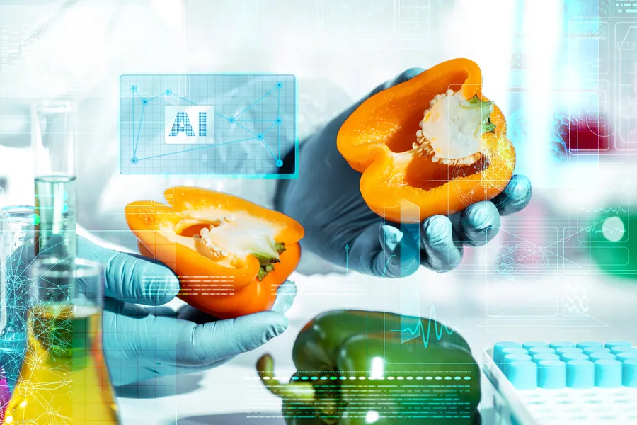 AI hologram data overlay in smart food lab, gloved hands inspect halved bell pepper
